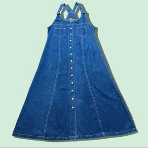 80s 90s Y2k 100% Cotton Denim Overall Maxi Dress Button Up Fit n Flare Womens XL